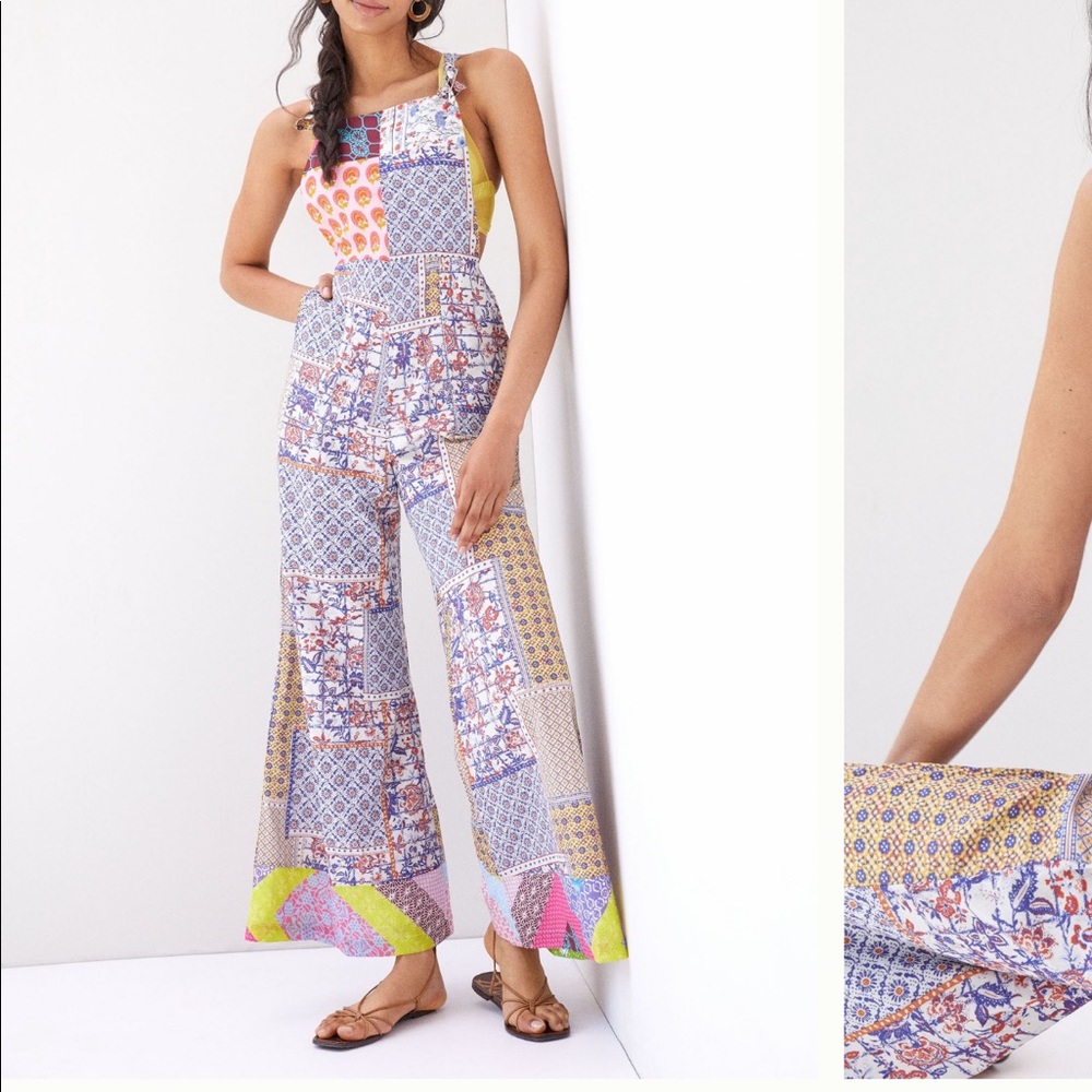 Amazing Anthropologie Let Me Be Patchwork Overalls size XL - Picture 2 of 14